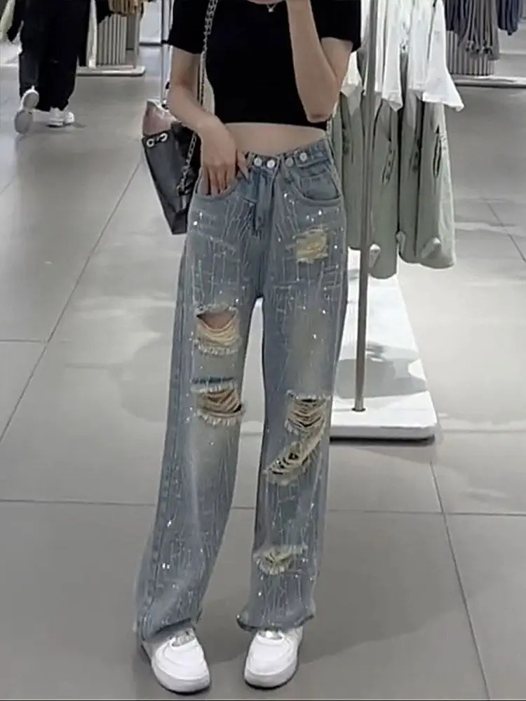 Female Cowboy Pants with Rhinestones Womens Torn Jeans High Waist S Wide Leg Trousers Summer Unique Shiny Original Pant 90s 250612