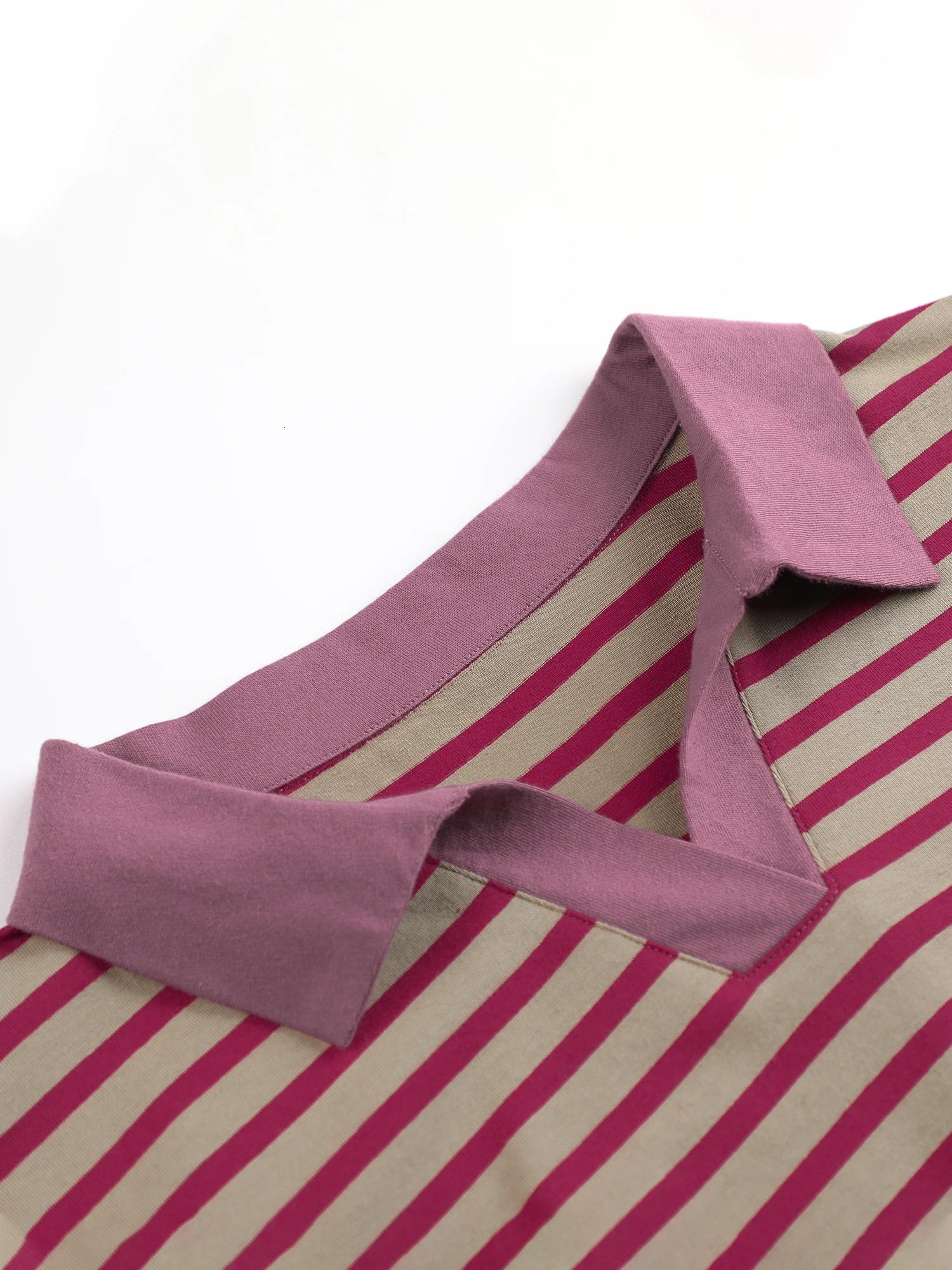 Striped Print Turn Down Collar T-shirtRegular Fit Casual Short Sleeve Pullover T-shirt For Spring Fall Womens Clothing 250609