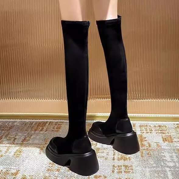 Ddmysports Autumn Winter New Thick Sole Height Increasing Elastic Slim Women Black Sock Petite Mid Calf High Long Boots Outdoor Shoes