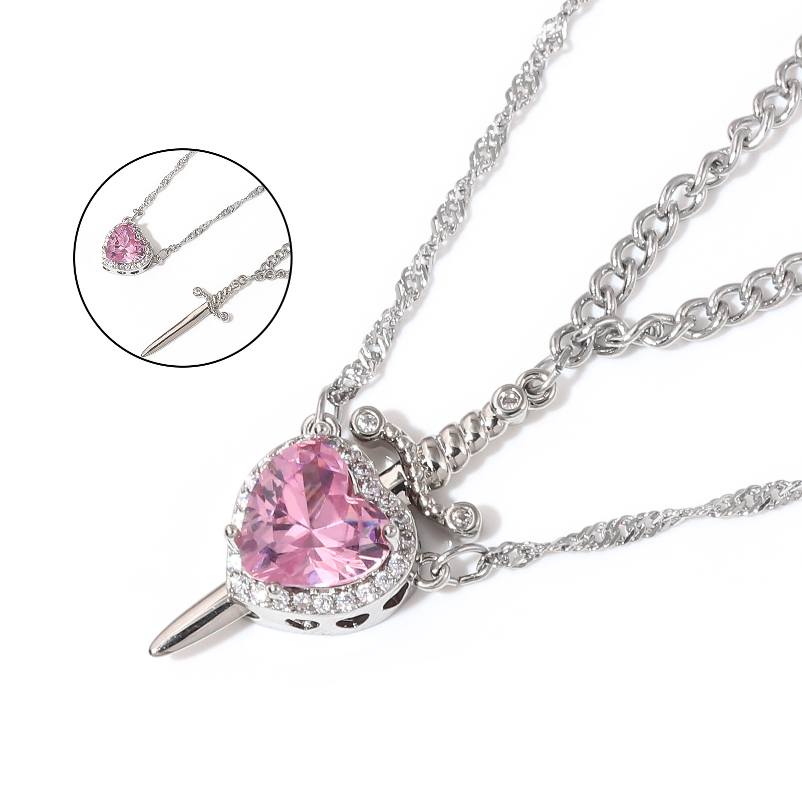 Plated Heart Pendant Necklaces for women zirconia dagger cross pendant necklace elegant jewelry gift for couples