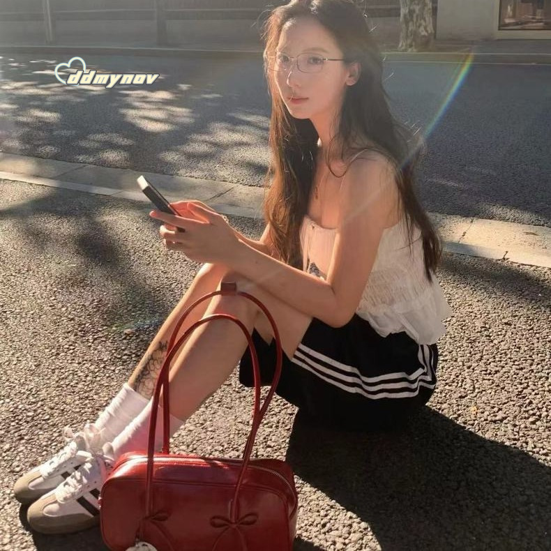 Niche Design Red Boston Bag for Women Fashion Versatile Bowknot Shoulder Underarm Baguette Handbag ddmynov