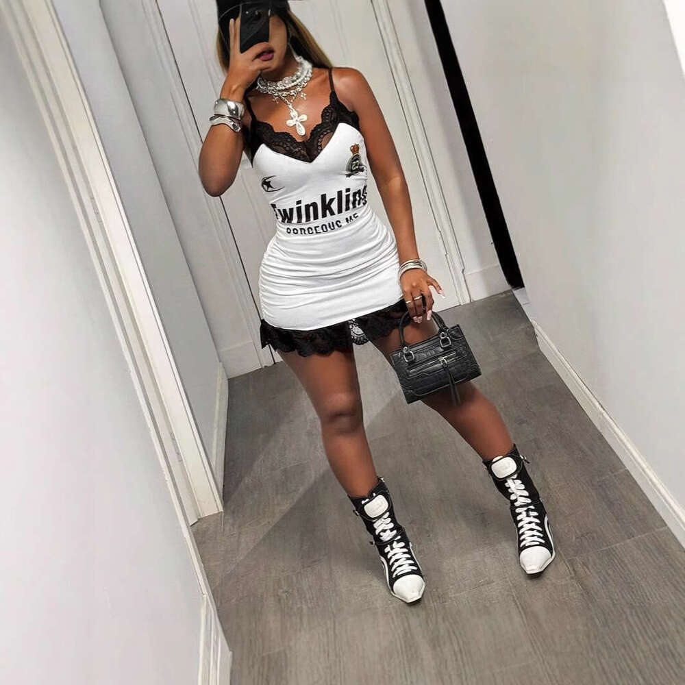Summer New American Style Letter Lace Trim Versatile Spicy Girl Strap Dress B5