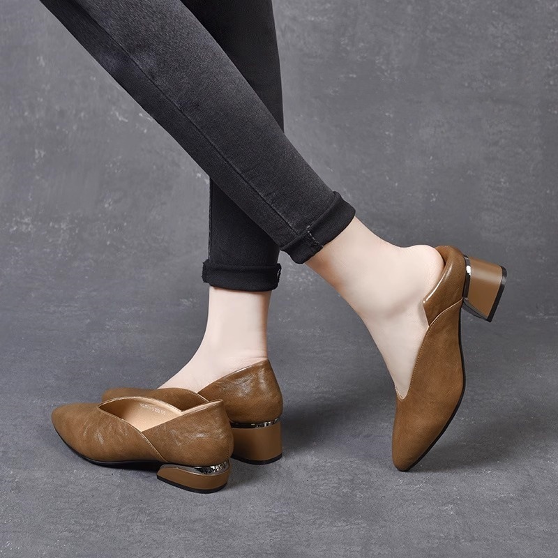Ddmysports New Spring Summer Women S Pointed Toe Chunky Soft Leather Single Brown Loafers Grandma Mid Heel Korean Style Shoes Outdoor Shoes