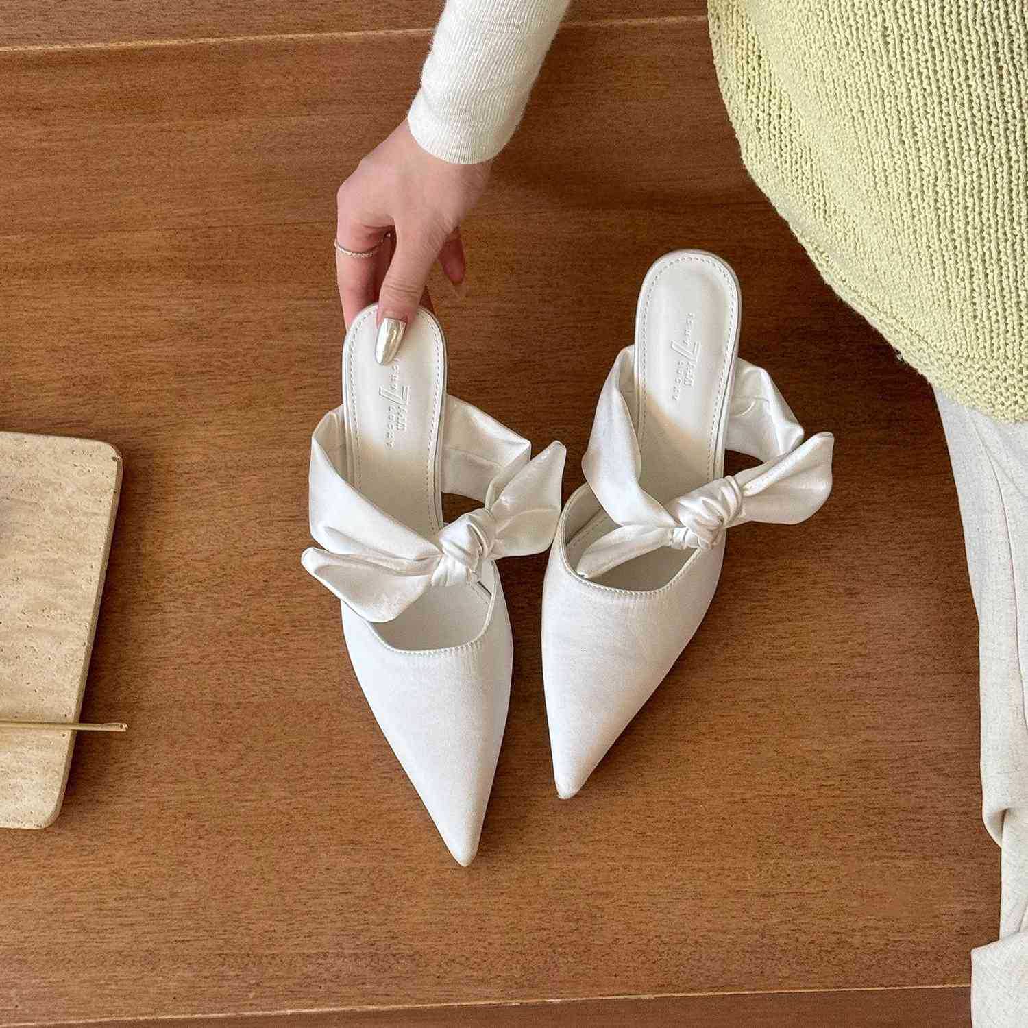 Ddmyoutdoor New Chinese Style Satin Pointed Bowknot Mules Stiletto Heels For Women Spring Elegant Fashion Closed Toe Half Slippers Outdoor Shoes