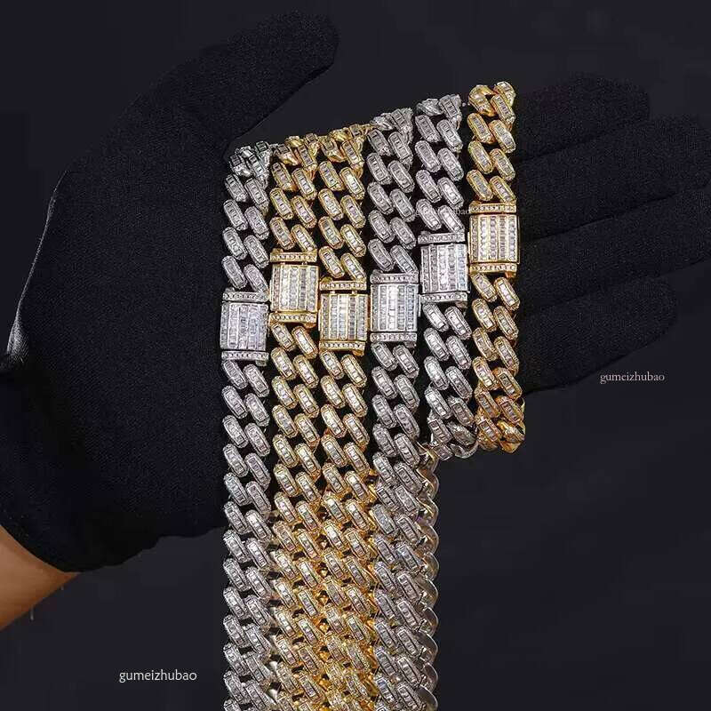Hot Sale Rappers Hip Hop Jewelry 12mm Sterling Sier VVS Baguette Moissanite Dia Iced Out Cuban Link Chain Necklace