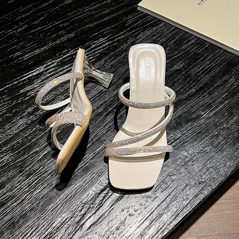 Ddmyoutdoor Two Way Wear Summer Sandals For Women New With Rhinestones Fairy Style Crystal Chunky Heel Internet Celebrity Open Toe High Heels Outdoor 