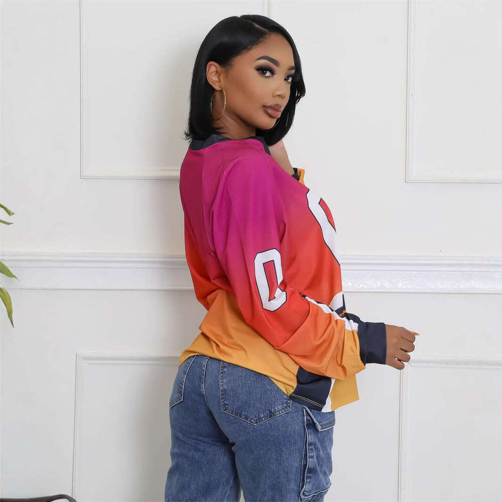 Autumn New Color-Block Fashion Print Loose Casual Sports Style Long Sleeve V-Neck Sweatshirt B5