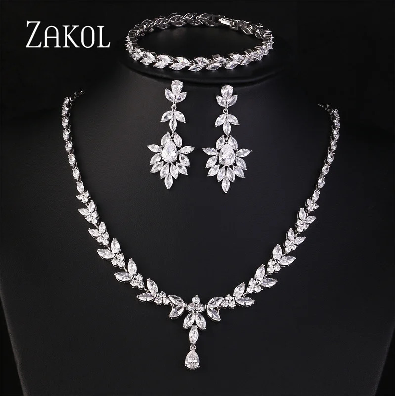 ZAKOL Cubic Zirconia Necklace Earrings Rings Set for Women Shinny Water Drop Leaf CZ Bridal Wedding Jewelry Sets 250609