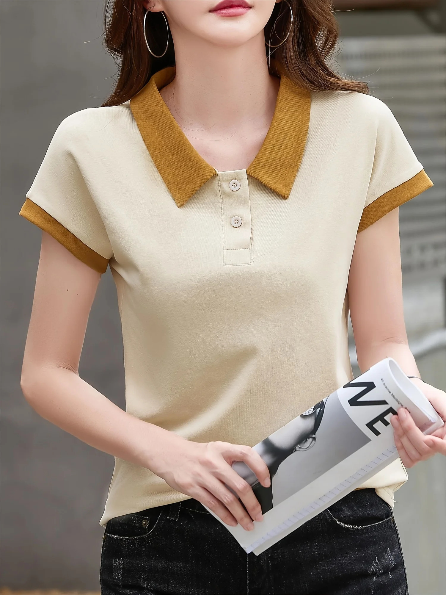 Womens solid color neckline contrast n summer short sleeve POLO shirt fashion breathable knit top can be machine washed 250609