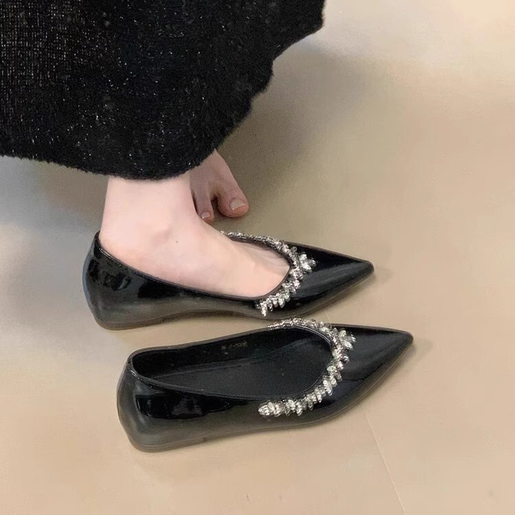 Ddmysports French Style Nude Pointed Toe Elegant Single Spring New Small Height Increasing Rhinestone Commuter Flat Shoes For Women Outdoor Shoes