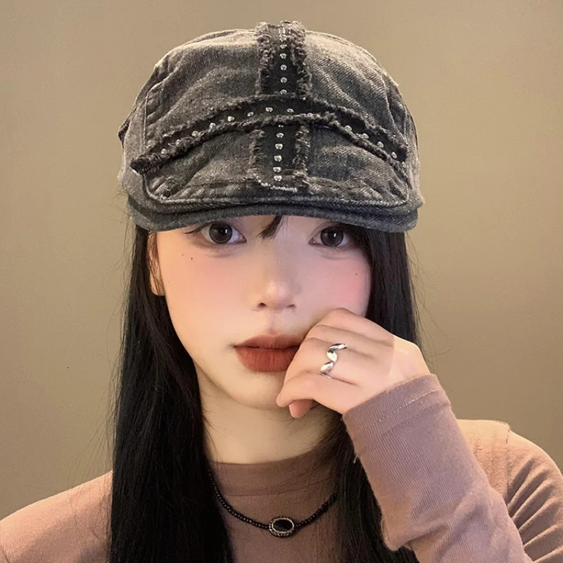 American Rivet Black Forward Hats for Women and Men Summer Casual Versatile Street Trend Retro Washed Denim Berets Y2k 250604