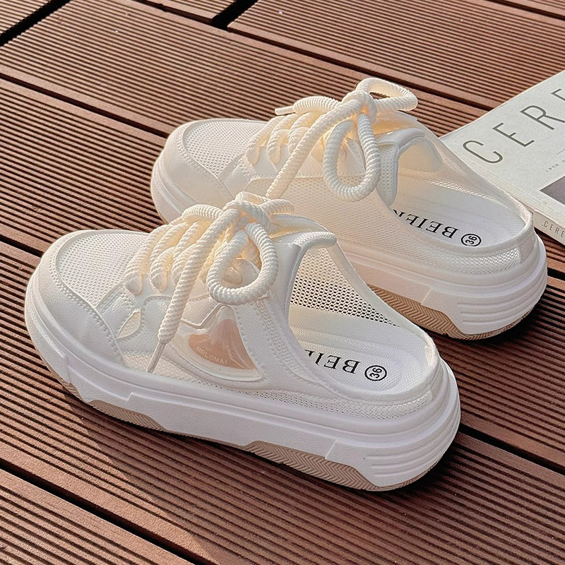 Ddmyoutdoor Summer Half Slippers For Women New Breathable Thin Mesh Thick Sole Casual Slip On Lazy White Shoes Outdoor Shoes