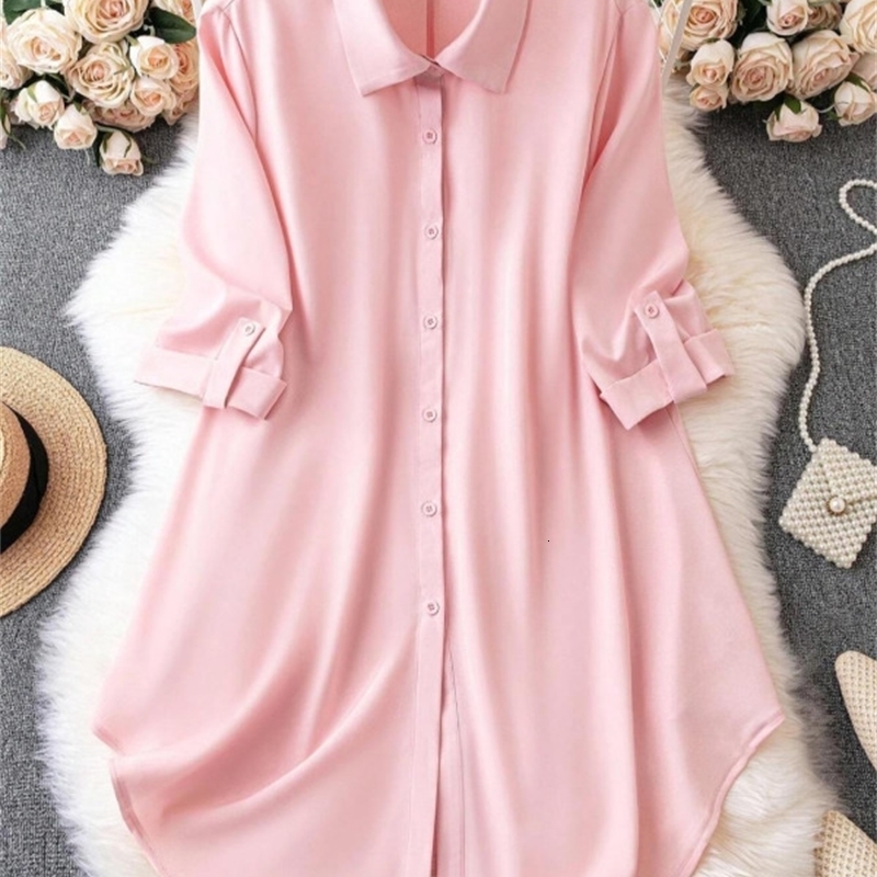 Plus Size 1XL5XL Fashion Womens Solid Color RollUp Sleeves TurnDown Collar Blouse Ladies ButtonUp Casual Chic Top Shirt w250520