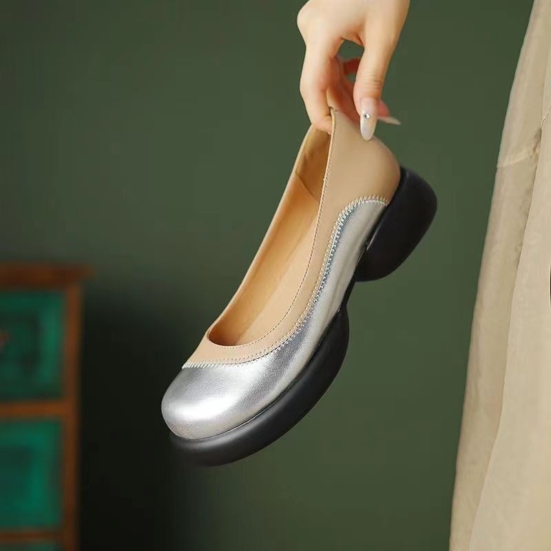Ddmysports French Style Women S Color Block Fashion Chunky Heel Versatile Round Toe Soft Sole Small Leather Shallow Mouth Single Princess Shoes Outdoo