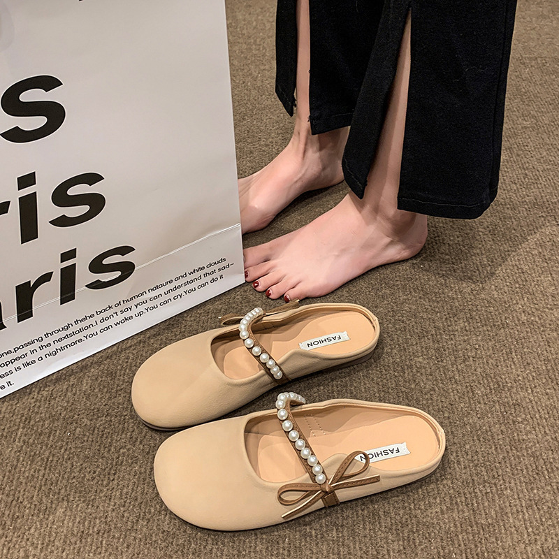 Ddmyoutdoor Spring New Sweet Pearl Bowknot Closed Toe Half Slippers For Women Flat Slip On Lazy Shoes Outdoor Shoes