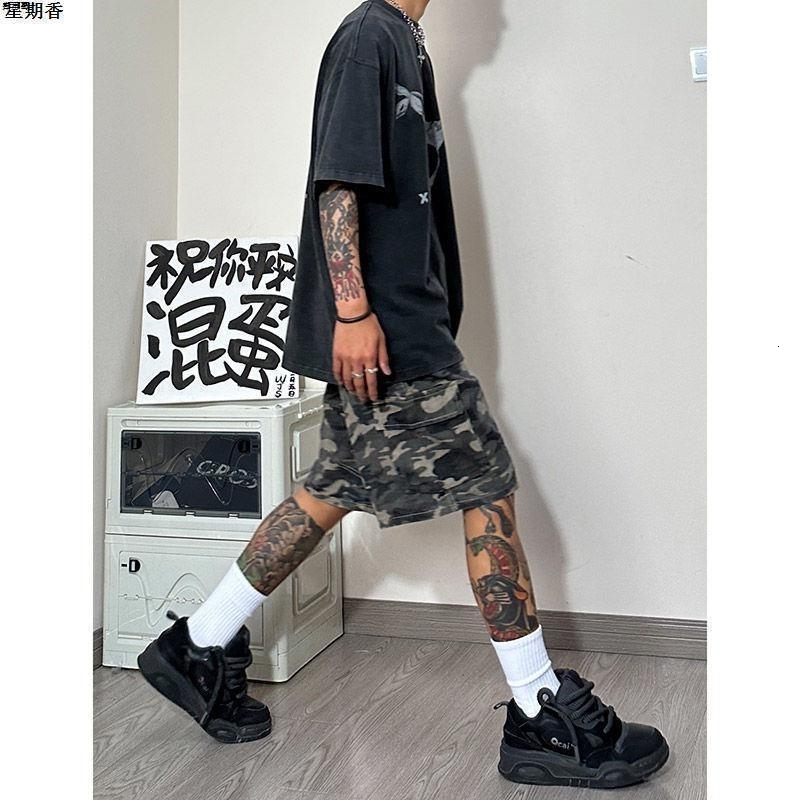 Mens Style Spliced elastic Loose Straight High Street Camouflage n Fivepoint Denim Shorts w250520