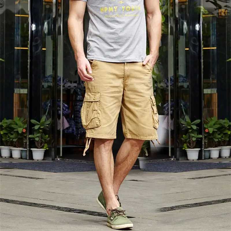 2025 Summer Mens Baggy Multi Pocket Military Cargo Shorts Male Cotton Khaki Mens Tactical Shorts Short Pants 29-44 No Belt W250614
