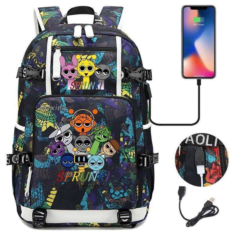 Hot New Sprunki School Bags Teenager USB Charging Laptop Backpack Teens Boys Girls Student Book Mochila Travel Bag Best Gift