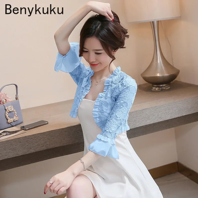 Sweet Pink Lace Bolero Shrugs for Party Dress Summer Women Clothes Flare Sleeve Elegant Cardigan Top Shawls Basic Coat Jackets 250611