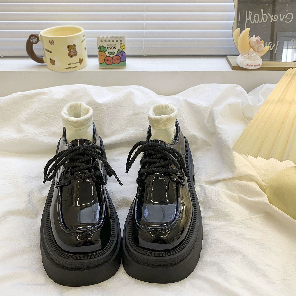 Ddmysports New Autumn Winter British Style Lace Up Plush Lined Women S Thick Soled Loafers Height Increasing JK Single Shoes Outdoor Shoes