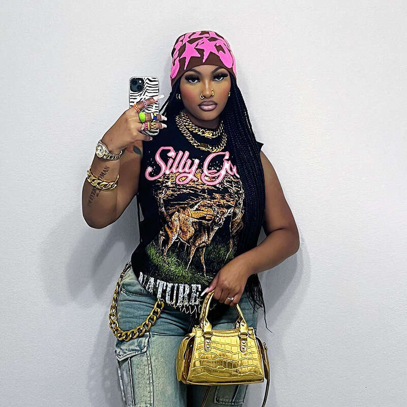 Trendy Street Style Printed Tank T-Shirt Autumn New Loose Plus Size Women's Top B5