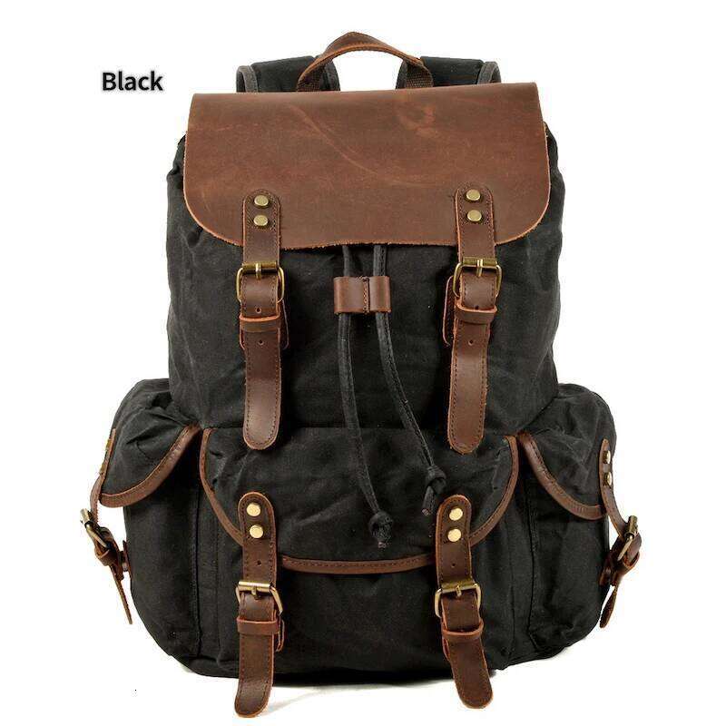 Vintage Crazy Horse Leather And Wax Canvas Backpack Waterproof Large Capacity Bag Outdoor Camping Travel Mochila
