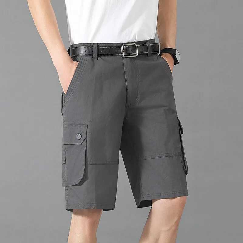 Summer Safari Style Casual Shorts Men Cotton Solid Color Multiple Pockets Cargo Shorts Mens Daily Loose Knee Length Plus Size W250614