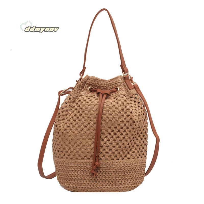 New Fashion Trend Bucket Summer Niche Versatile Woven Beach Bag Single Shoulder Crossbody Handbag for Women ddmynov