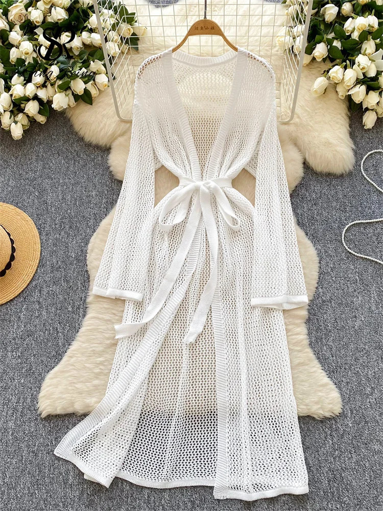 SINGREINY Women Fashion Beach Long Cardigans Summer Sleeves Solid Sashes Streetwear Ins Hollow Out Casual Outerwear 250612