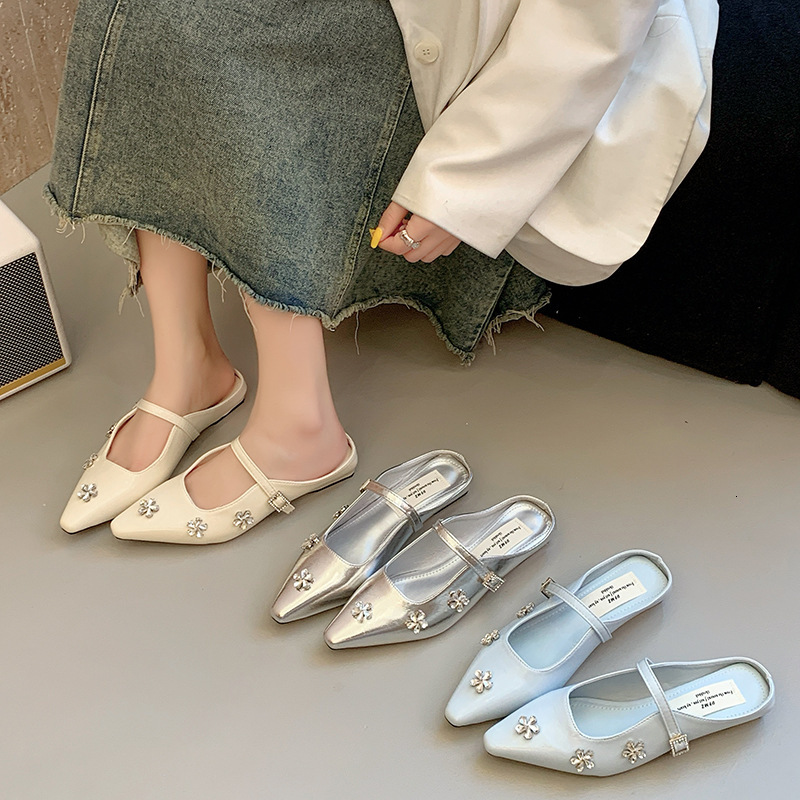 Ddmyoutdoor French Style Rhinestone Mary Jane For Women Summer New Outdoor Chunky Heel Silver High End Closed Toe Sandals Mules Outdoor Shoes