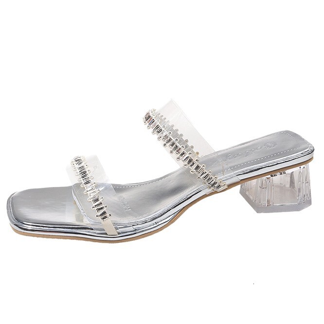 Ddmyoutdoor Transparent Crystal Chunky High Heel Sandals For Women Summer New Silver Rhinestone One Strap Versatile Slippers Outdoor Shoes