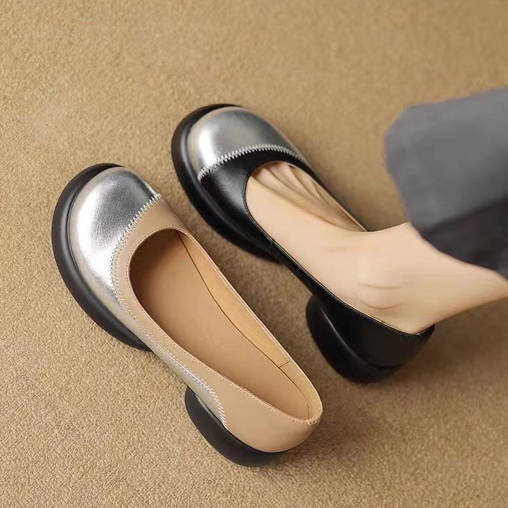 Ddmysports French Style Women S Color Block Fashion Chunky Heel Versatile Round Toe Soft Sole Small Leather Shallow Mouth Single Princess Shoes Outdoo