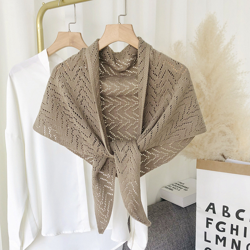 K1082 Japanese and Korean new striped hollow shawl sun protection warm solid color triangle scarf versatile decorative cloak split large scarf