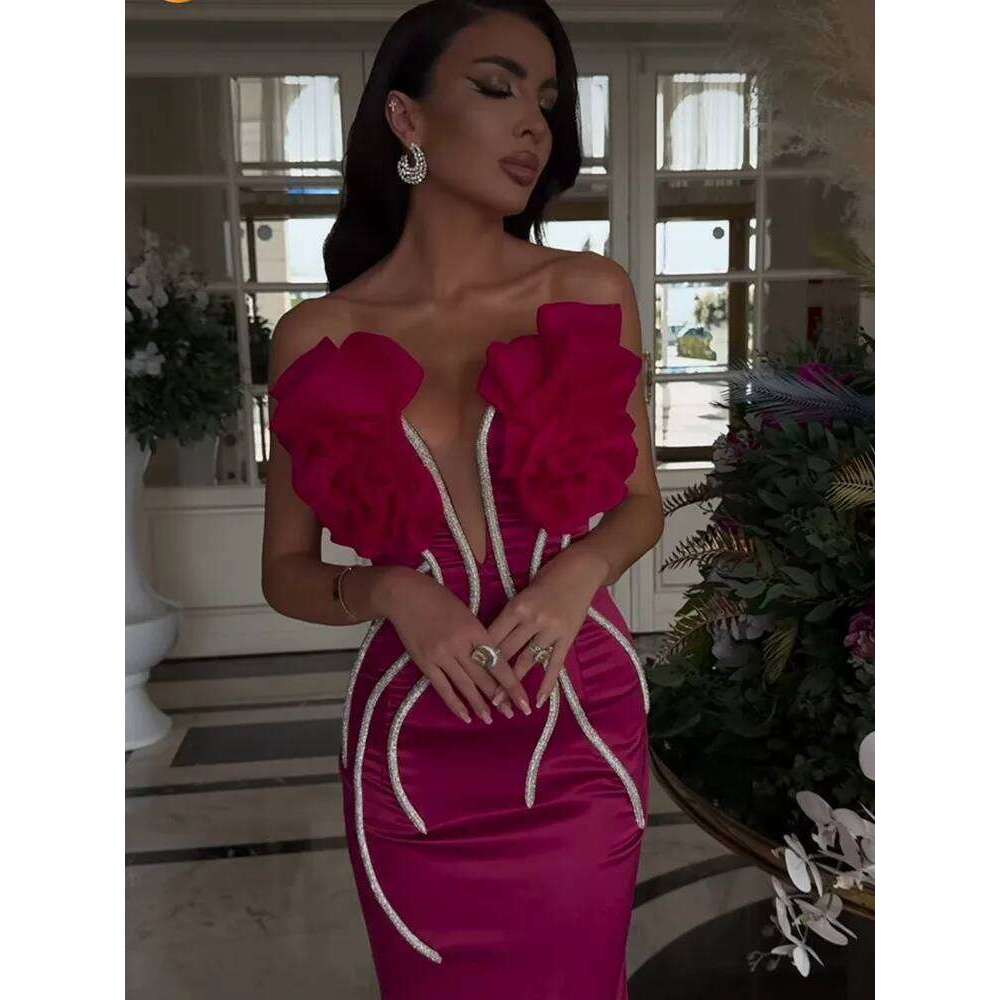Women Celebrity Sexy Strapless Backless Beading Dias Pink Maxi Long Bandage Elegant Evening Club Party Dress
