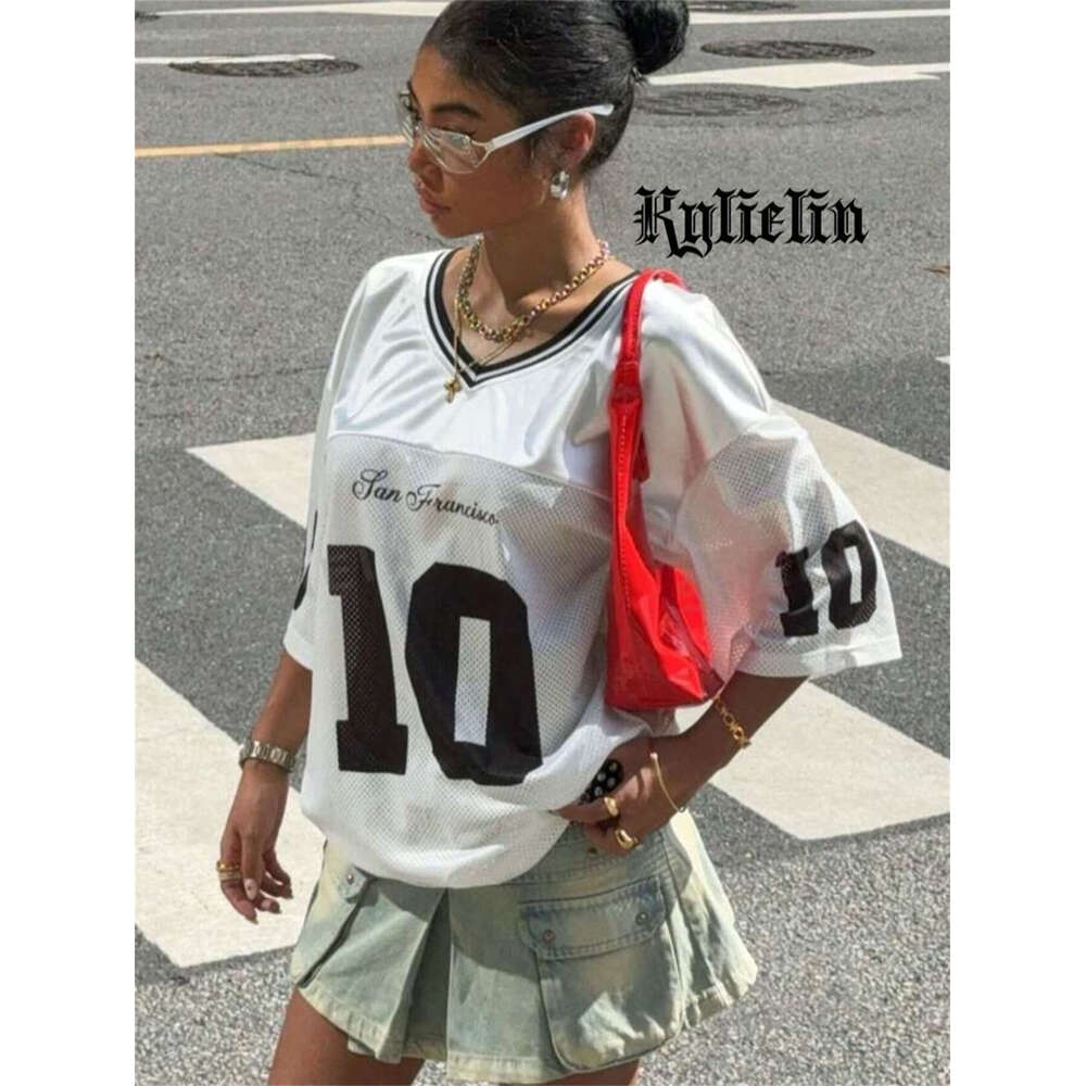 New Sports Style Jersey Fashion Print V-Neck Loose Casual Short Sleeve Color Block Top T-Shirt B5