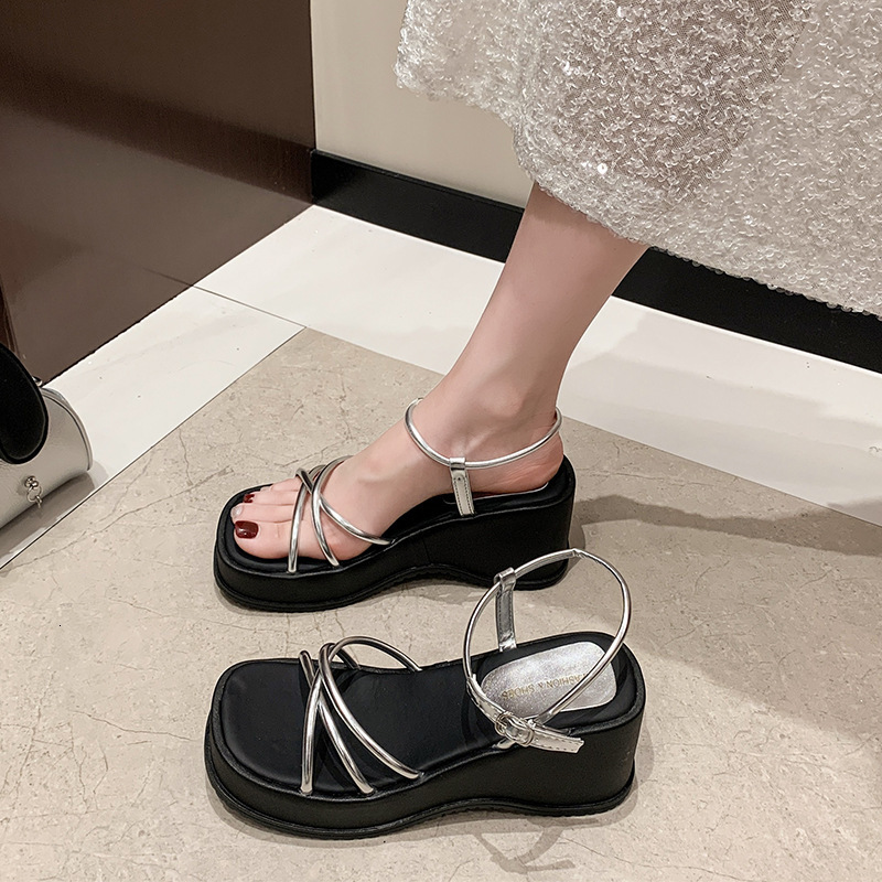 Ddmyoutdoor Trendy One Strap For Women Summer New Korean Style Wedge Thick Soled Platform Sandals Cross Square Toe Shoes Outdoor Shoes