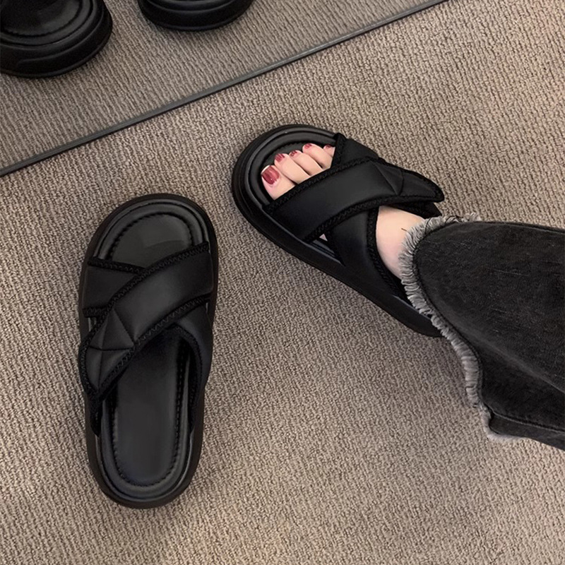 Ddmyoutdoor Black Women S Summer Outdoor Thick Soled Sandals New Flat Platform Slip On Lazy Slides Outdoor Shoes