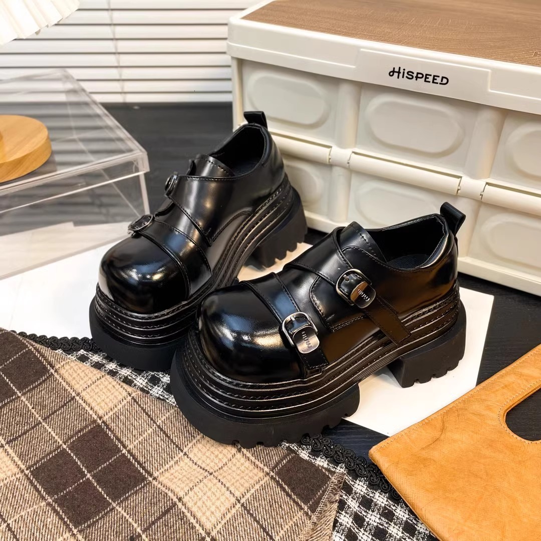 Ddmysports Spring British Style Black Leather Shoes New Lightweight Thick Sole Height Increasing Loafers For Petite Women Outdoor Shoes