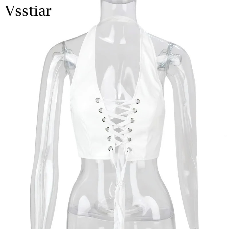 Vsstiar Fashion Leather PU Women Vest Sexy V Neck Backless Halter Crop Top Summer Lace Up Party Clubwear Tanks Black White 250611