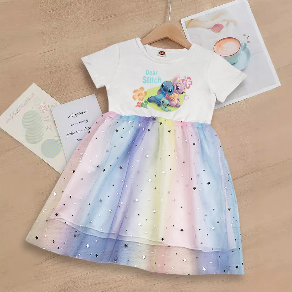 Girls Dress Summer Kids Clothes Stitch Fashion Stich Children Princess Baby Girl Short Sleeve Cute Party Dresses Rainbow 250614
