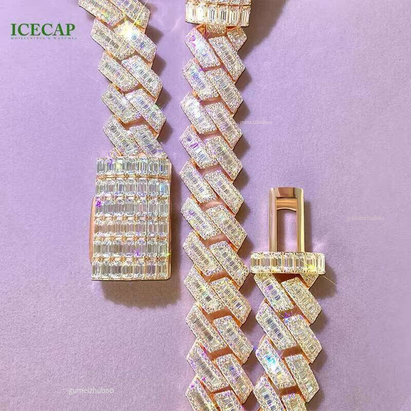 Heavy Solid Sier Rose Gold Trapezoid Necklace Moissanite Dia Bracelet for Rapper HipHop Cuban Link Chain