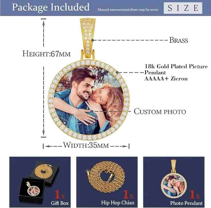 18K Gold Plated Personalized Photo Pendant for Men Customized Necklaces for Women Memory Medallion Pendant W/Tennis/Cuban/Rope Chain Dog Tag Necklace 