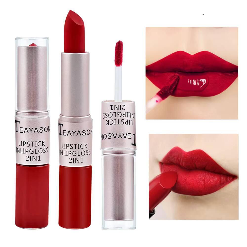 1Pc Long Lasting Velvet Double Head Non-stick Cup Lip Gloss Waterproof 2 in 1 Matte Red Lipstick Makeup happy