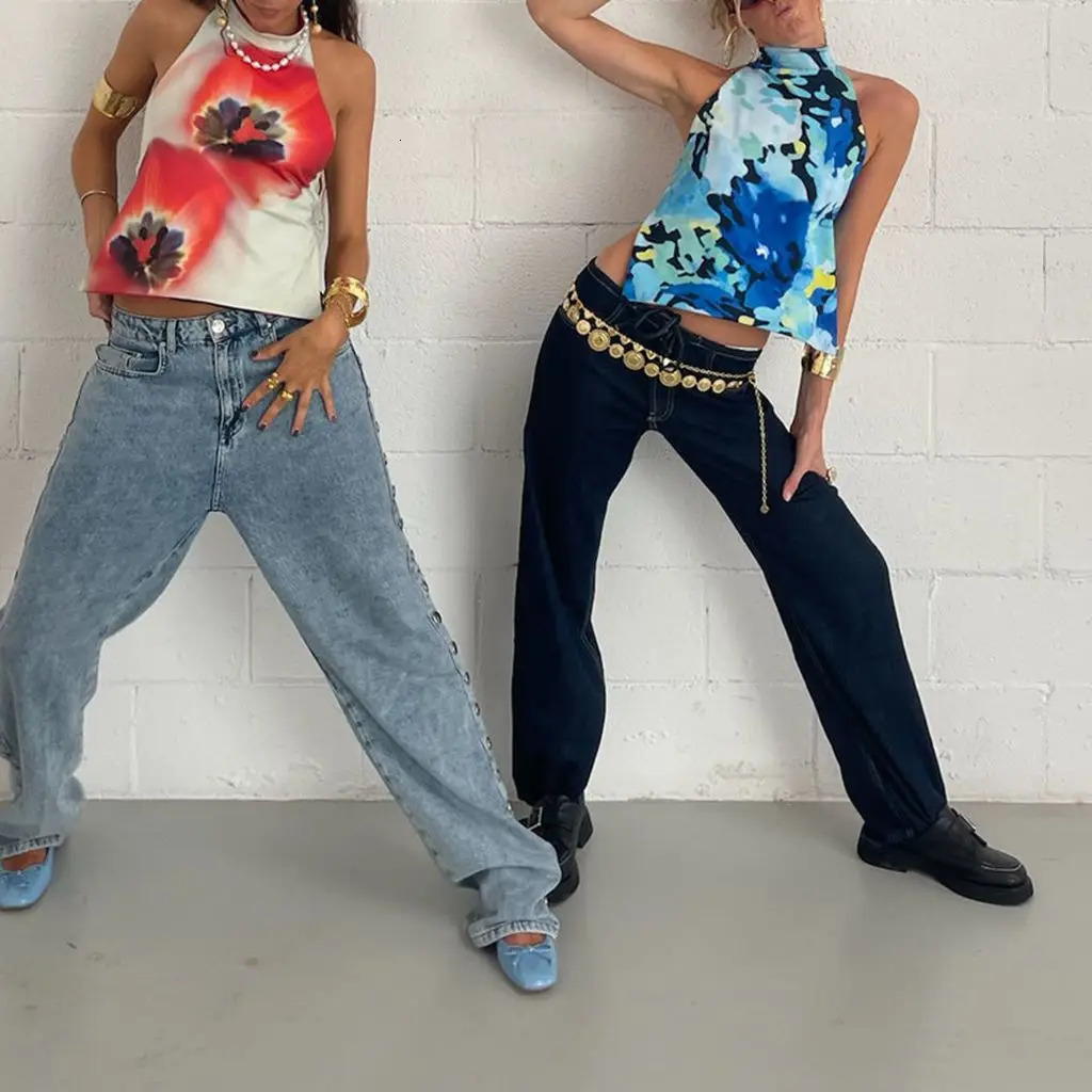 Combhasaki Womens Y2K Button Closure Halter Neck Crop Tops Sleeveless Backless Aesthetic DotsTiedye Flower Print Summer Vests 250611