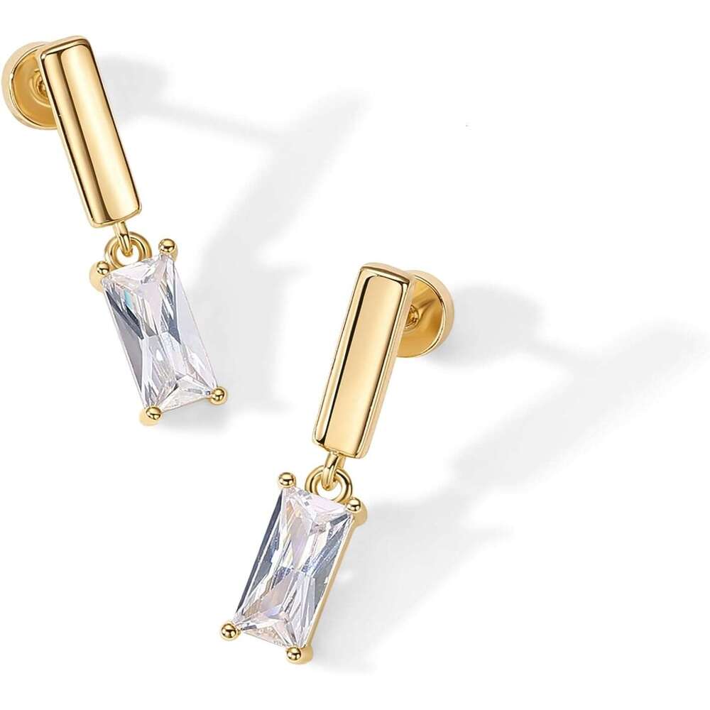 14K Gold Plated Sterling Sier Posts Mini Bar Drop Dangle Flatback for Women Dainty Helix Cartilage Piercing Jewelry | Baguette Bezel Marquise Pearl Cu
