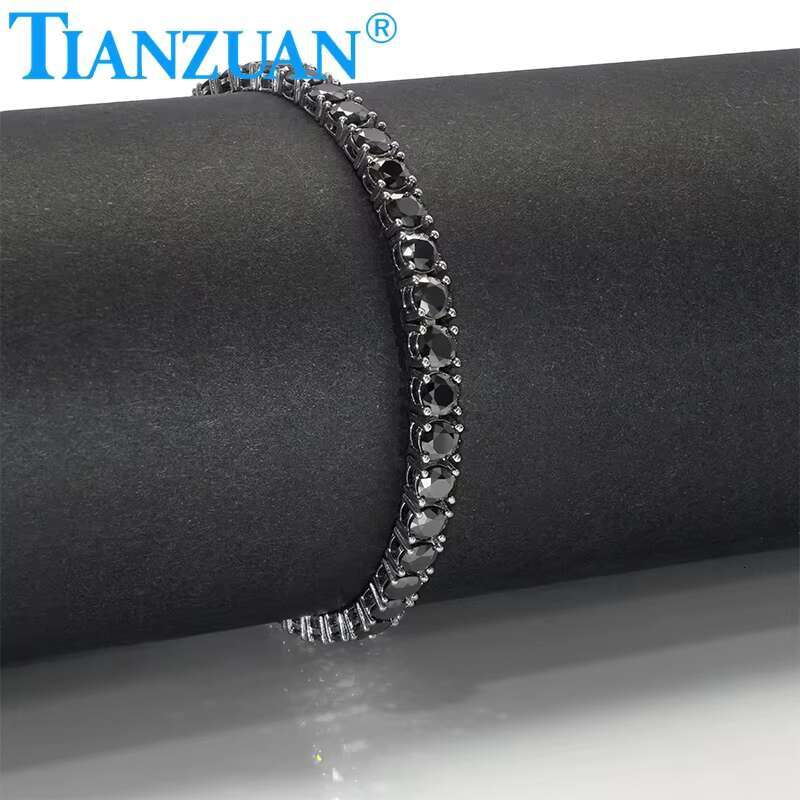 925 Sterling Silver Hip Hop Iced Out Black Round Brillant Moissanite Tennis Chain Bracelet Synthetic Diamond Jewelry