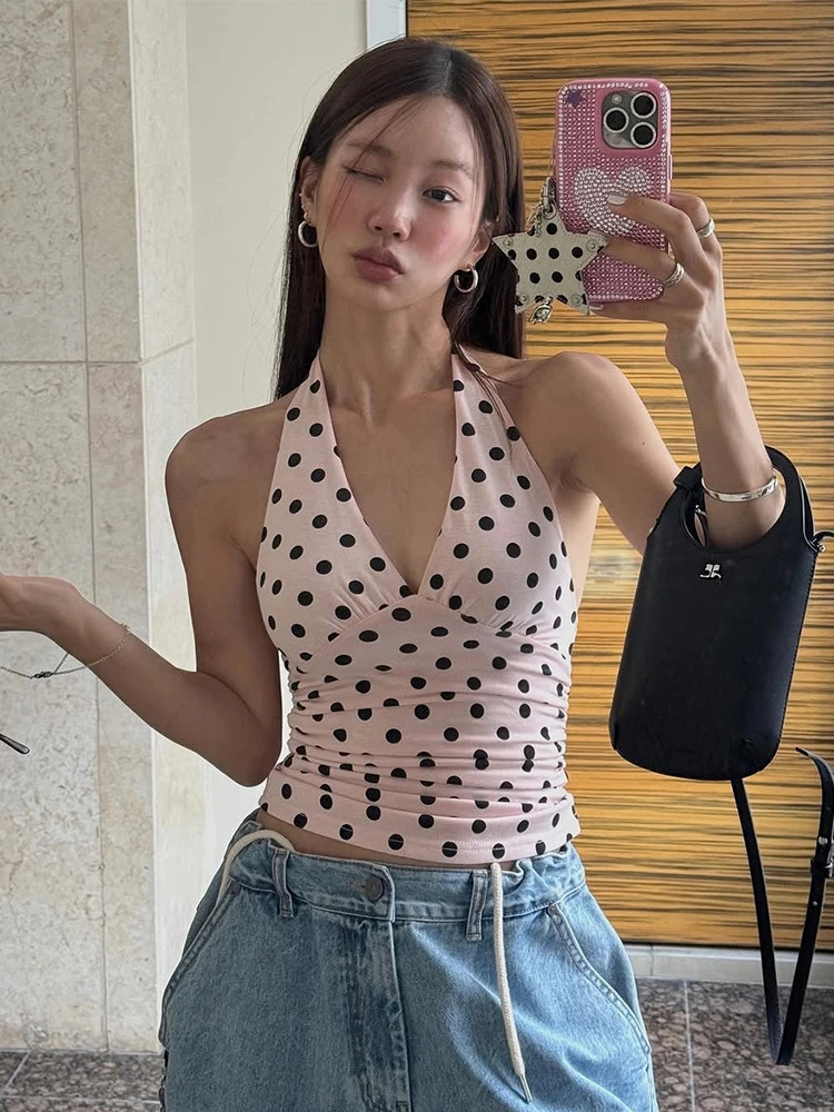 weird Puss Polka Dot Print Vest Women Y2K LaceUp Backless Halter vNeck Skinny Summer Trend Daily Street Basic Chic Tank Tops 250614
