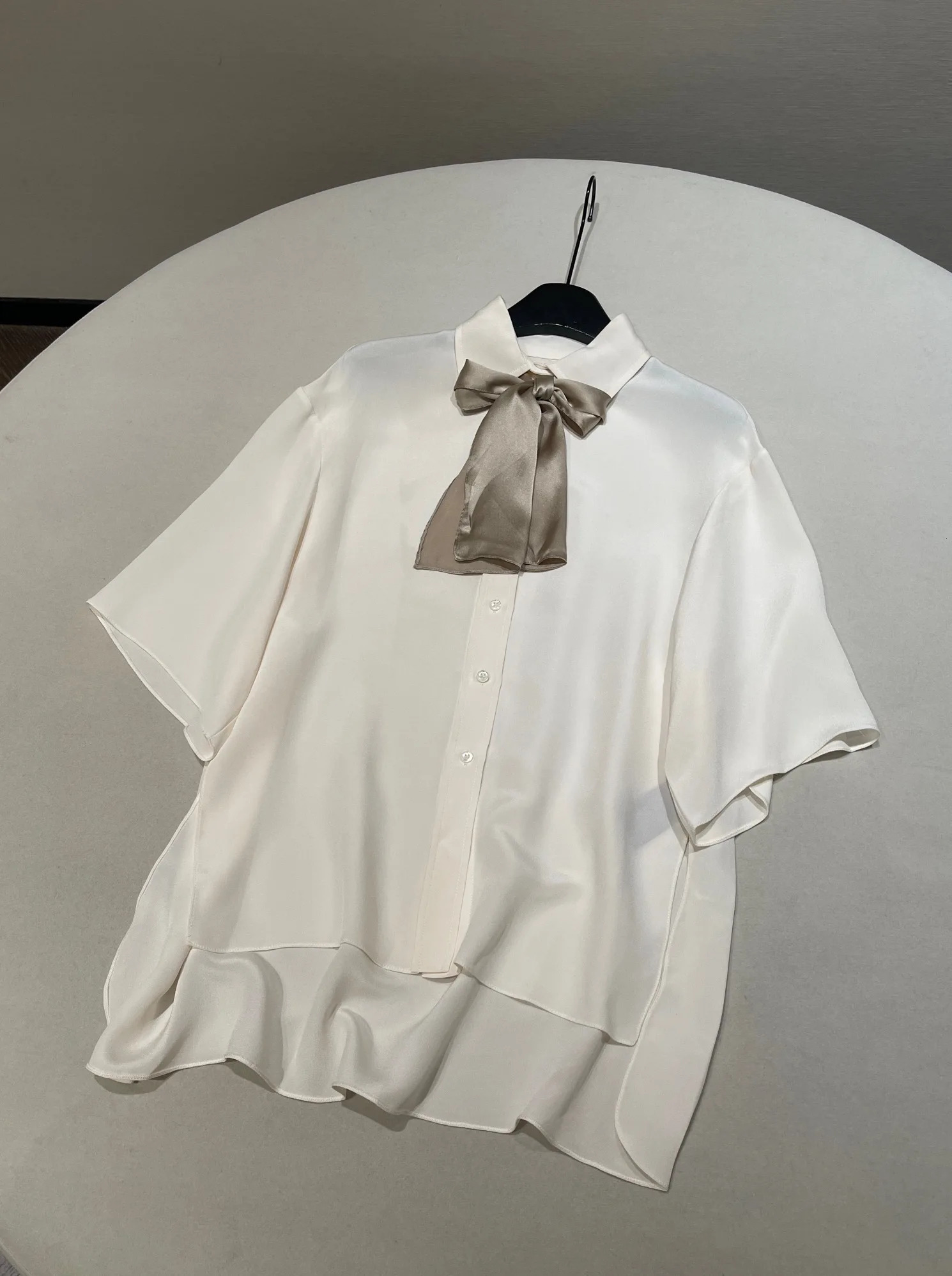 Womens Silk Blouse Short Sleeve Lightweight Skin Friendly Bubble Sleeve Contrast Color Ribbon Elegant Fashion Simple Sweet 250609