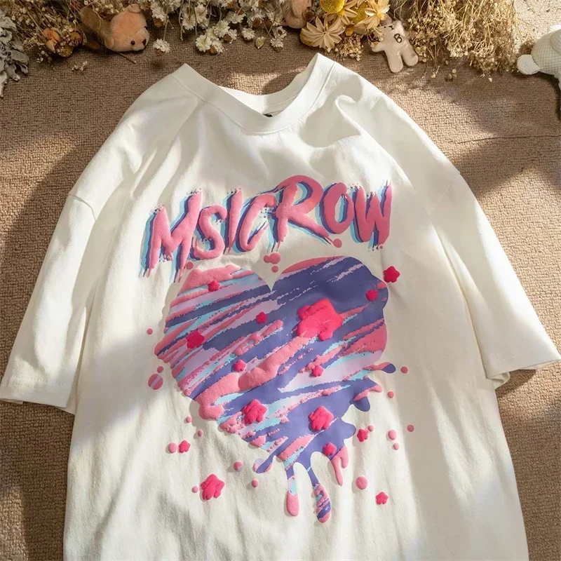 Harajuku Oversized T-Shirt Women - Chain Love Graffiti Print Streetwear Tee, Hip Hop Loose Fit Summer Casual Top