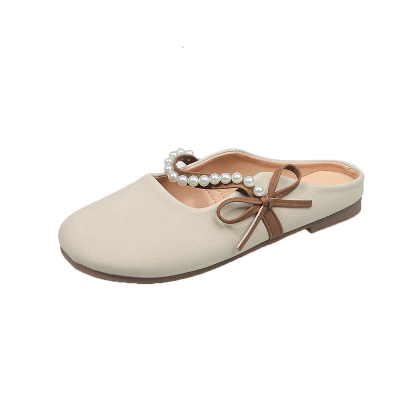 Ddmyoutdoor Spring New Sweet Pearl Bowknot Closed Toe Half Slippers For Women Flat Slip On Lazy Shoes Outdoor Shoes